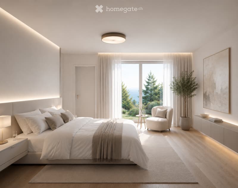 Bedroom. Modern bedroom with a large bed, nightstand, armchair, small table, potted plant, artwork, and cabinet. Large windows offer a scenic view.