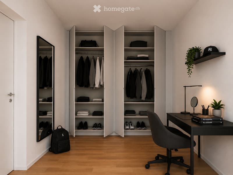 Furnished Room. Modern, minimalist room with a large open wardrobe, desk, chair, and decorative items including plants and books.