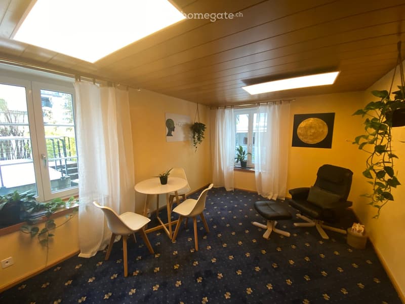 Furnished Room. Bright room with yellow walls, blue carpet, white table and chairs, black leather sofa, and potted plants near the windows offering a view.