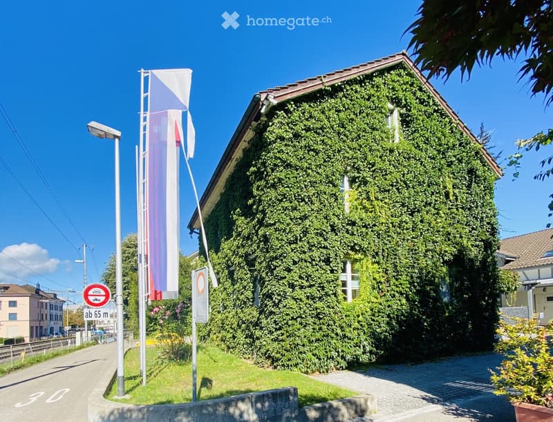 Building. A two-story building covered in green ivy with a tiled roof, situated on a paved pathway with a small grassy area and a flagpole nearby.