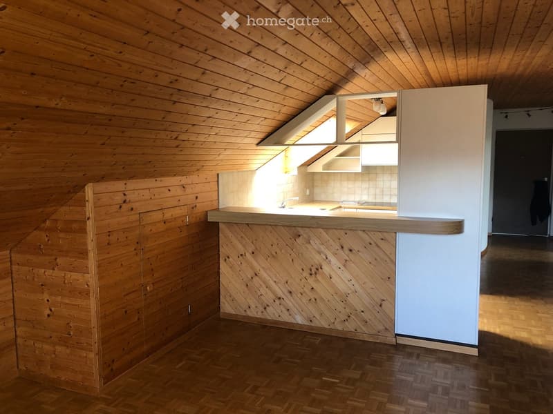 Modern kitchen with wooden walls, a wooden counter, and built-in cabinets with white finishes.