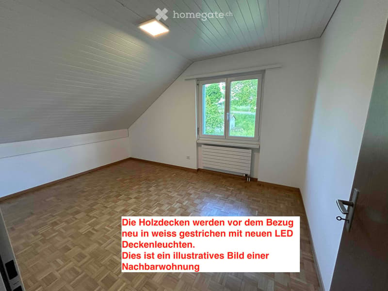 Empty room with wooden flooring, white walls, a window with blinds, and a radiator below it. The ceiling has a slanted design with a single light fixture.