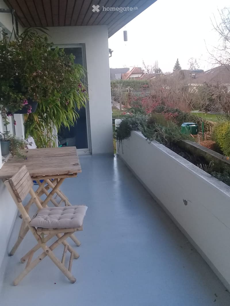 Balcony with a wooden table and a cushioned chair, surrounded by plants and a view of a garden.