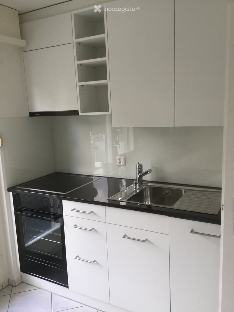 Modern kitchen with white cabinets, black countertops, built-in oven, sink, and faucet.