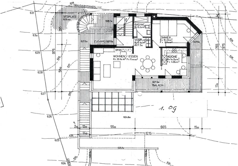 Floor plan of a residential unit showing living/dining area, kitchen, bedroom, bathroom, balcony, and entrance.