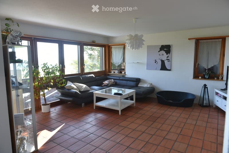 Modern living room with a black leather sofa, white coffee table, potted plants, artwork, and a dog bed.