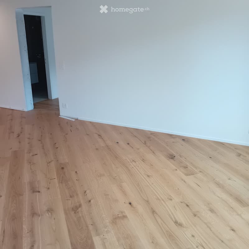 Empty room with light wooden flooring and white walls, featuring an open doorway leading to another space.