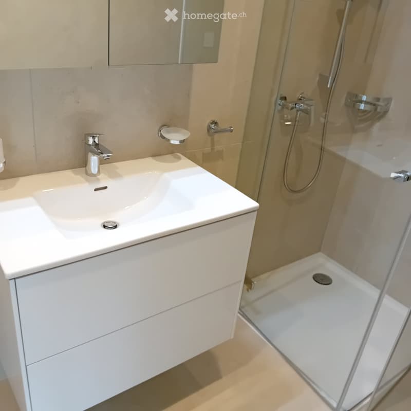 Modern bathroom with a white sink, chrome faucet, mirrored cabinet, and a glass-enclosed shower stall.