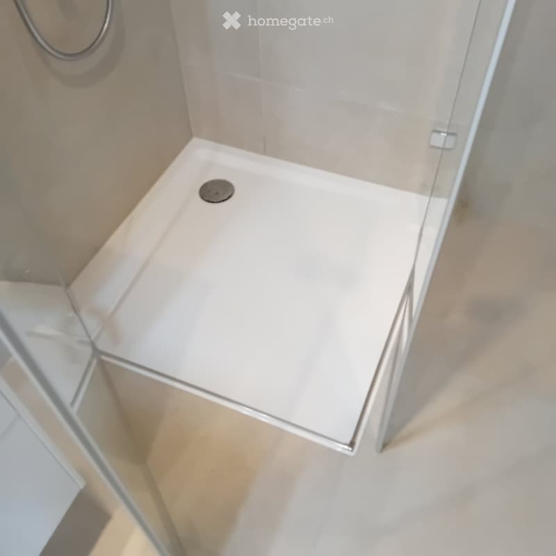 Modern shower with glass enclosure, white tiled walls, and a drain in the center.