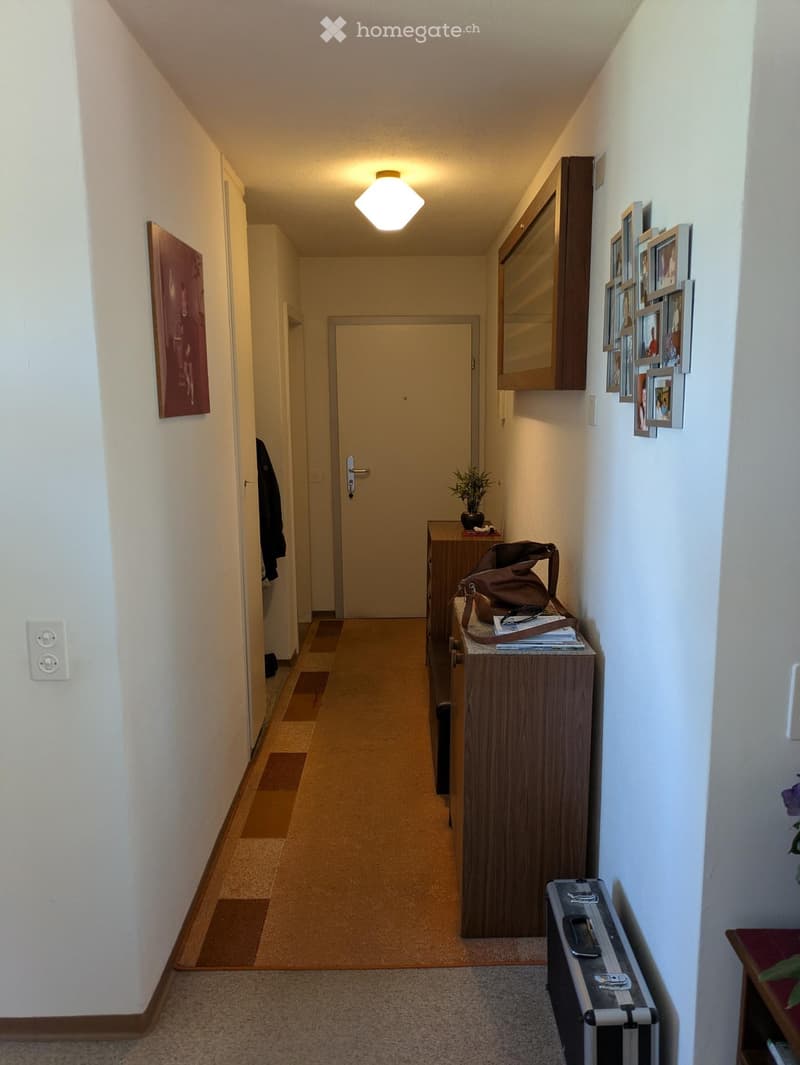 A narrow hallway with beige walls, a wooden door at the end, a small wooden console table with a potted plant, a handbag, and a suitcase on the floor.