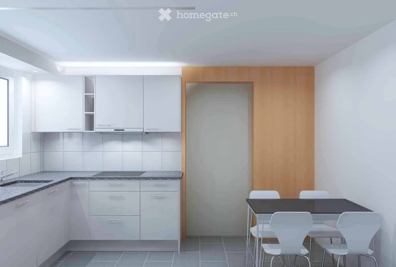 Modern kitchen with white cabinets, granite countertops, and a black dining table with white chairs.