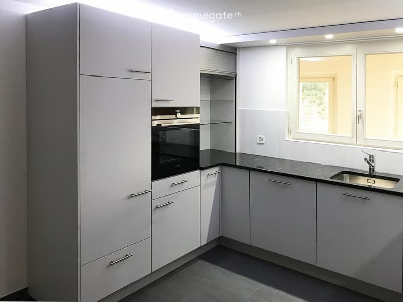 Modern kitchen with white cabinets, stainless steel sink, and built-in oven. Features large windows and sleek design.