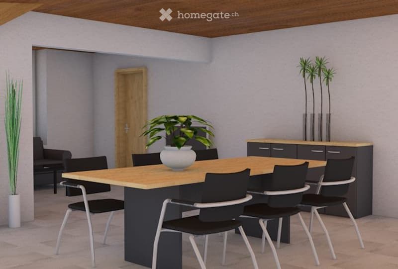 A modern dining area with a wooden dining table surrounded by black chairs, a cabinet with drawers, and potted plants in vases.
