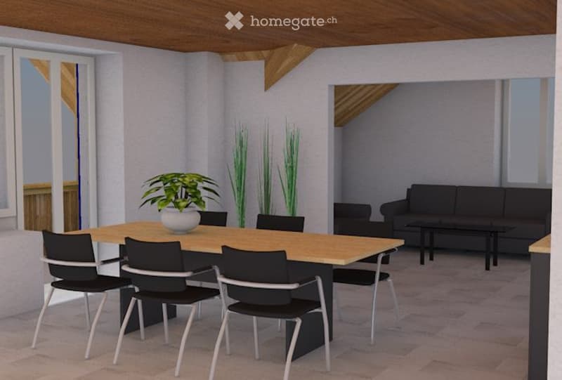 A modern dining area with a wooden dining table surrounded by black chairs, a potted plant in the center, and a black sofa in the background.