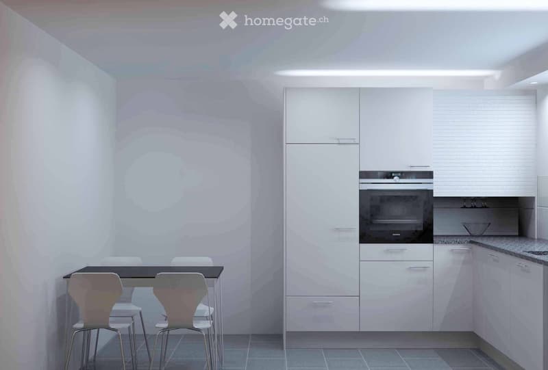 Modern kitchen with white cabinets, a built-in oven, and a small dining area with a black table and white chairs.