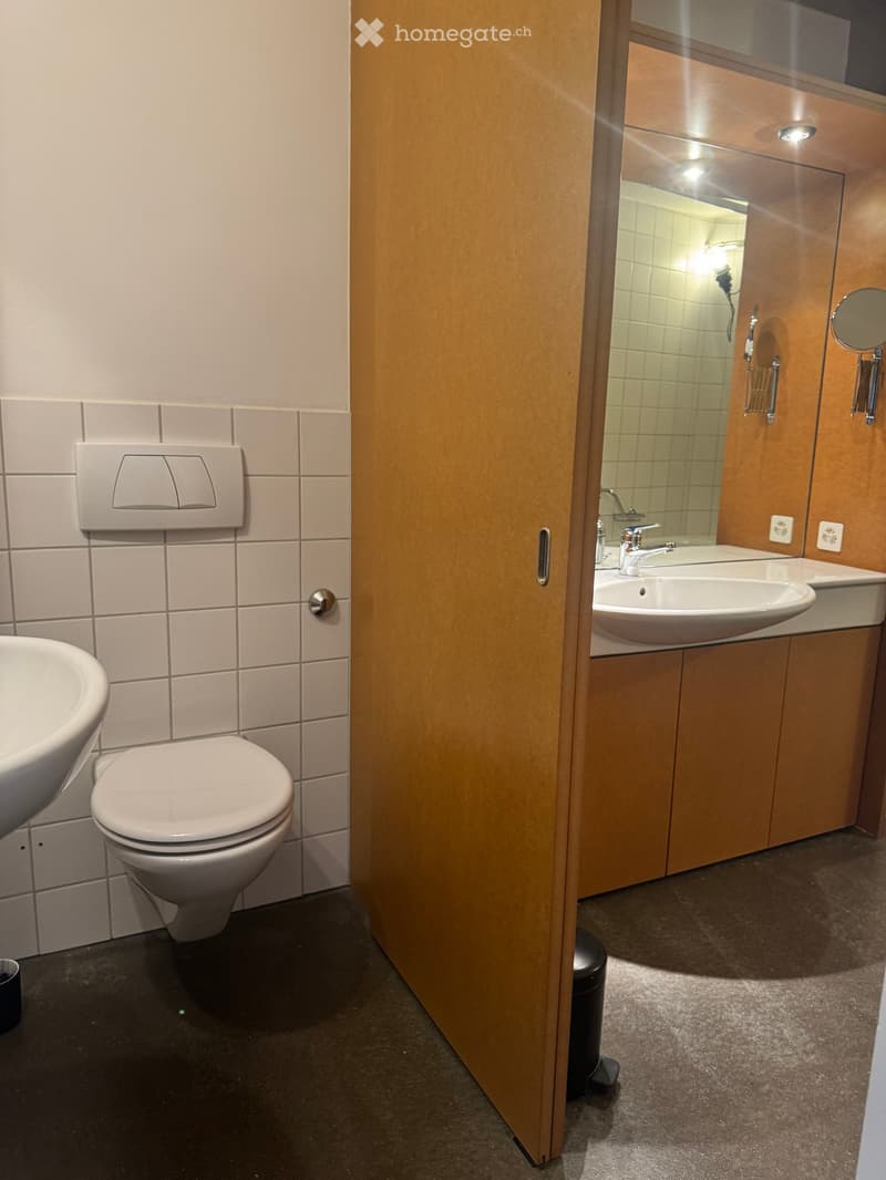 Modern bathroom with a toilet, sink, mirror, and wooden cabinet. The walls are tiled, and the floor is dark.