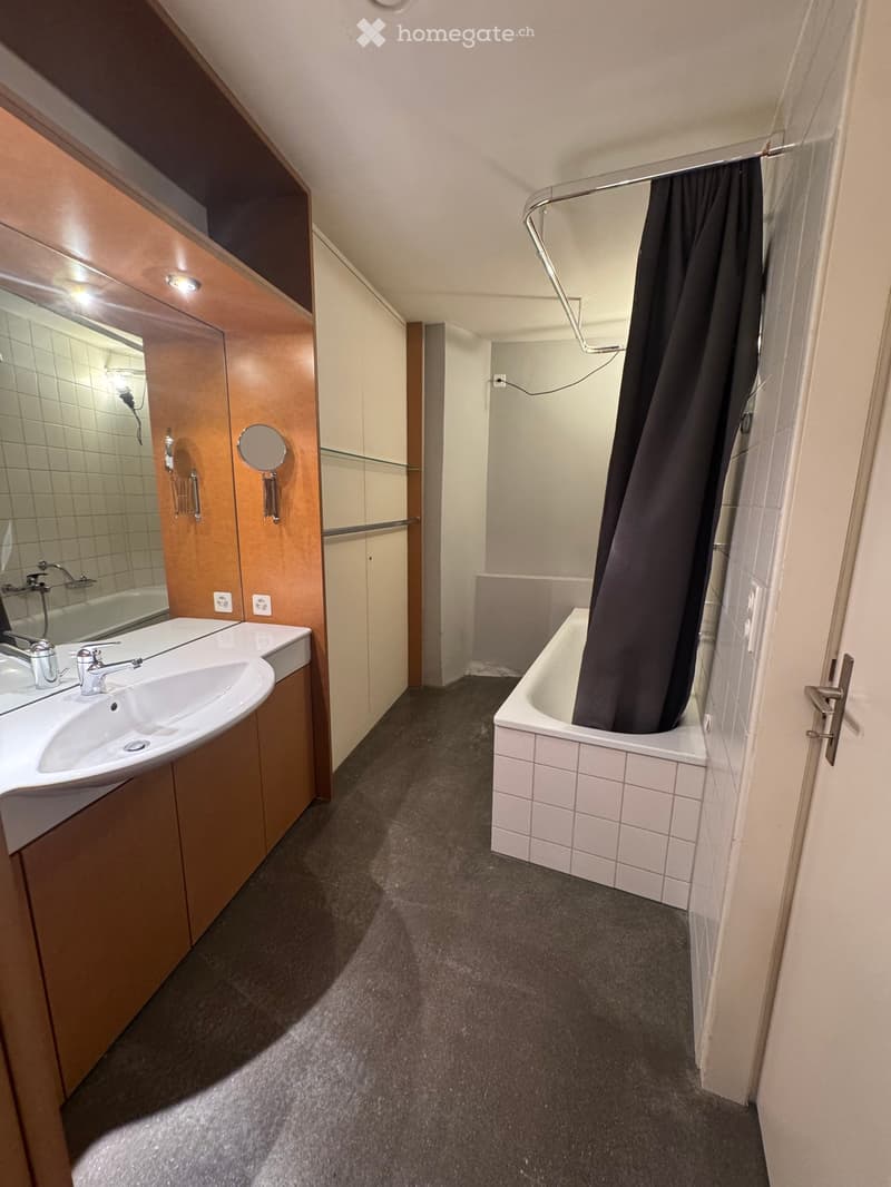 Modern bathroom with a double sink, bathtub, and built-in wooden cabinetry. Features include a large mirror, a handheld showerhead, and a sleek faucet design.