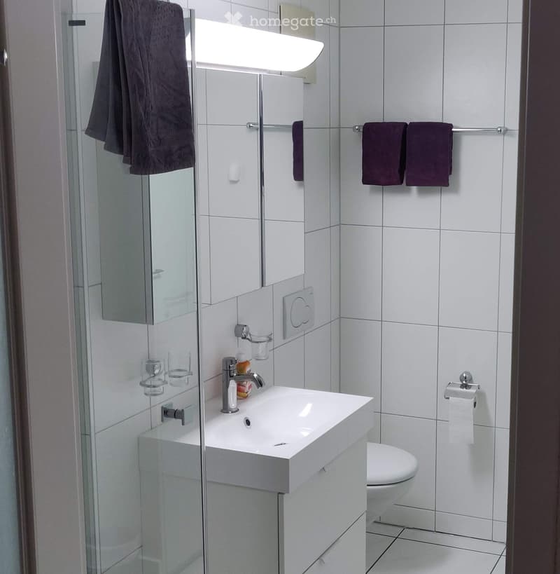 Modern bathroom with white tiles, a sink with a modern faucet, a toilet, a mirror with a built-in shelf, and two purple towels on a rack.