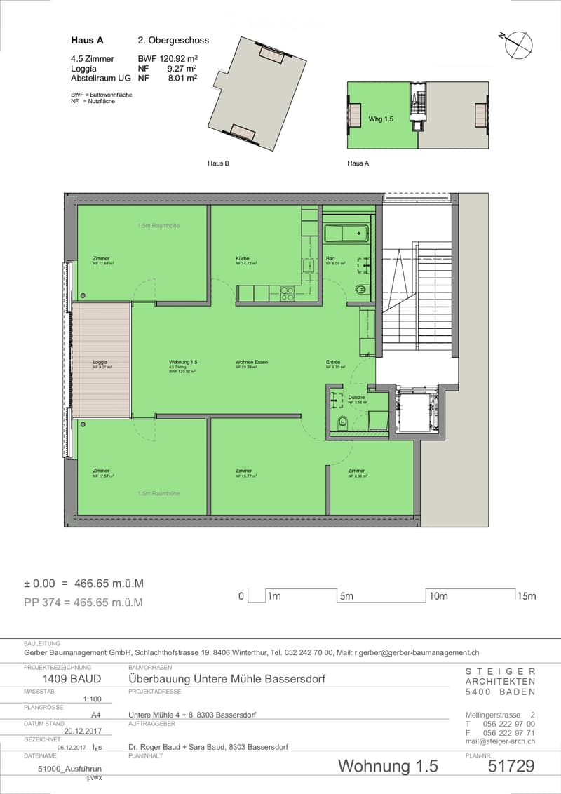 Floor plan of Wohnung 1.5, showing layout with rooms including kitchen, bathroom, living area, and bedrooms.