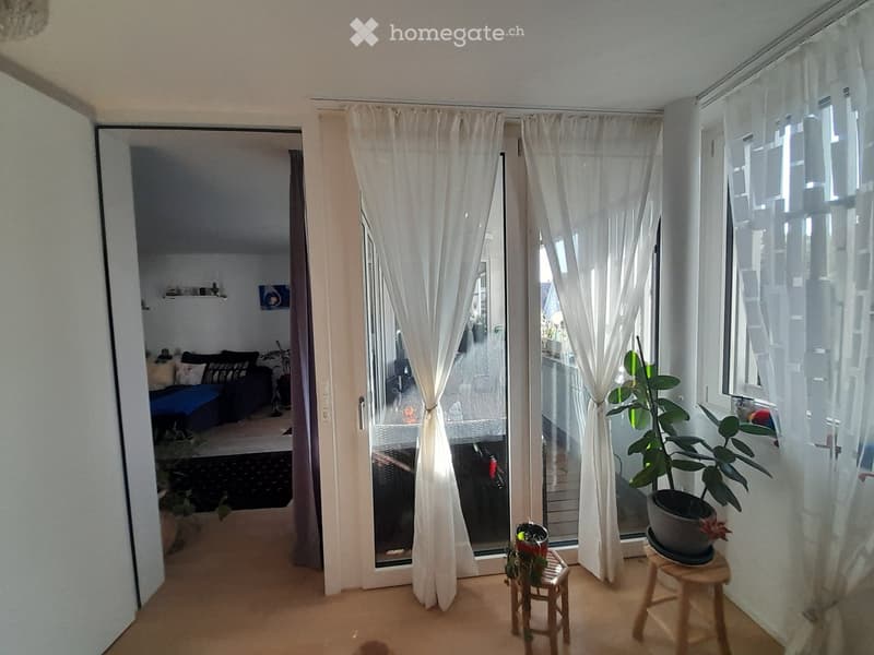 Hallway with wooden flooring, large glass sliding doors with white curtains, small wooden stools with potted plants, and an open doorway leading to a living room area with a sofa and rug.