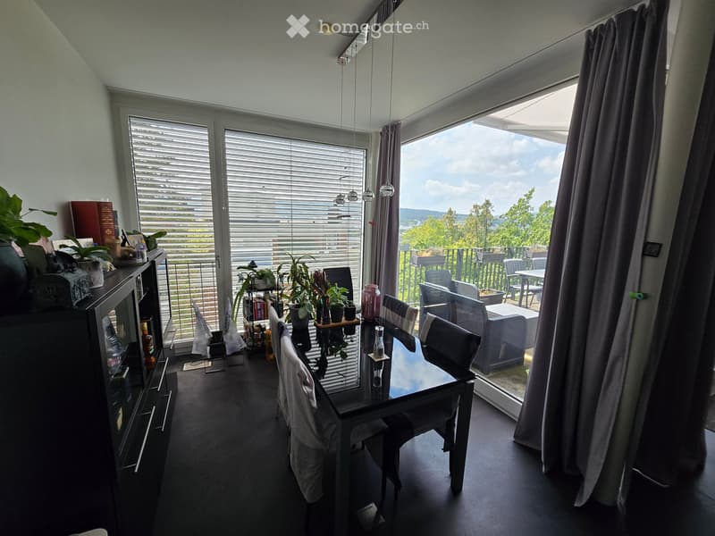 Modern dining area with a glass dining table, chairs, a cabinet with books and decorative items, and a view of a balcony with outdoor furniture.
