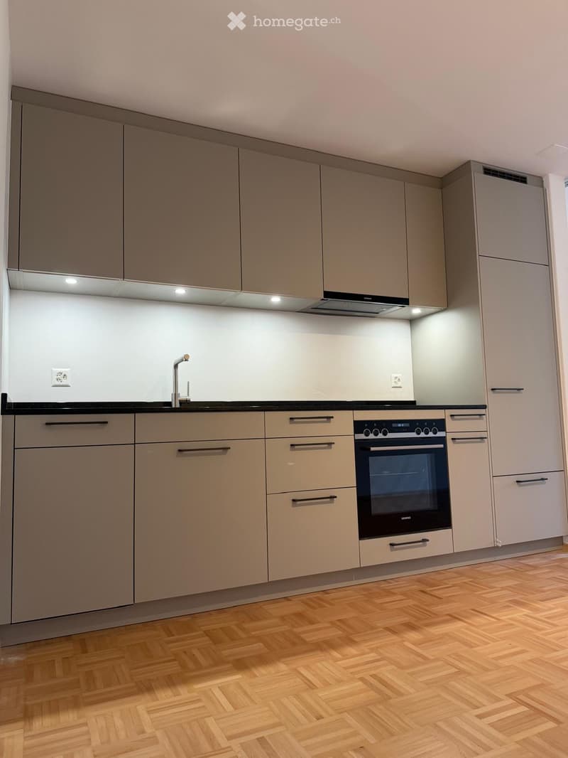 Modern kitchen with light grey cabinets, a built-in oven, and a sleek faucet above the sink. The floor is made of light wooden parquet.