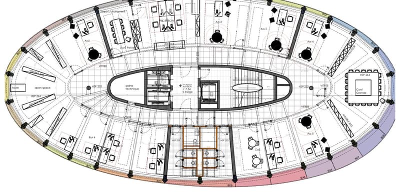 Architectural floor plan of a large, multi-level building with labeled areas including reception, technical rooms, and various sections marked with codes and dimensions.