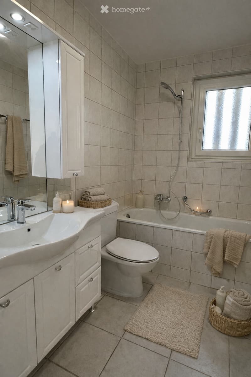 white bathroom, toilet, bathtub, sink, mirror, cabinet, towels, shower head