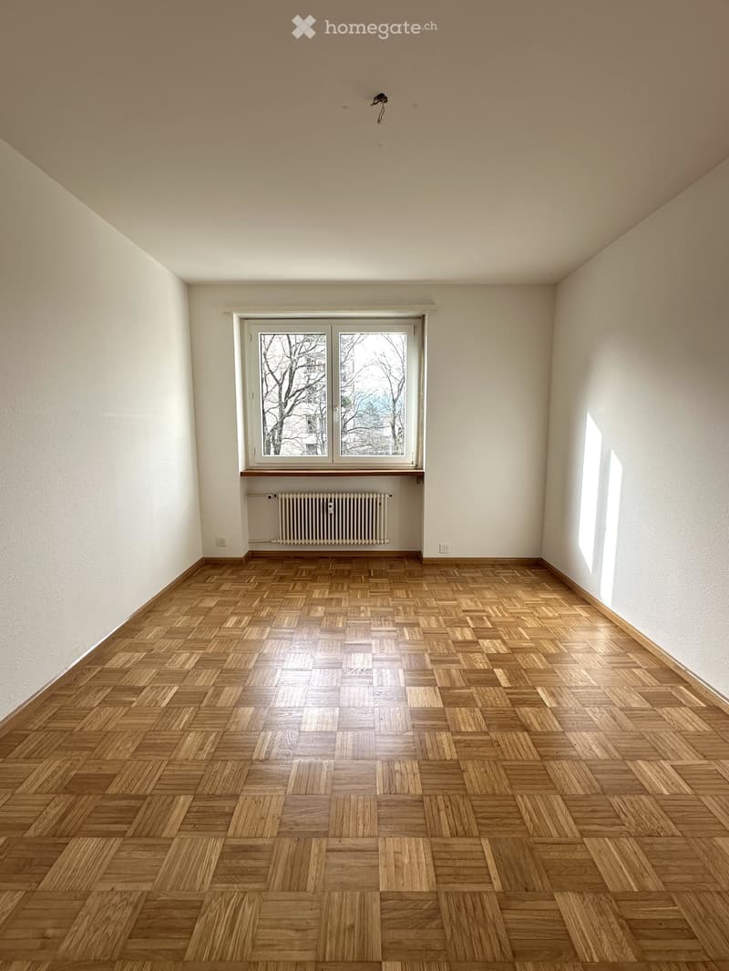 empty room, parquet flooring, windows, radiators, white walls