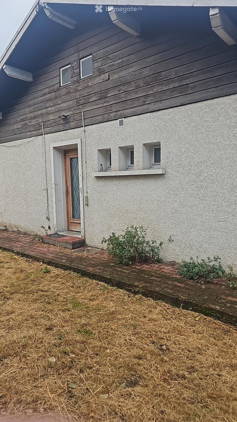 Single-story house with white textured walls, wooden door with glass panel, small windows, and a raised ground floor.