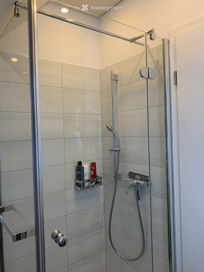 Modern shower area with white tiled walls, glass enclosure, handheld showerhead, and a small shelf holding two bottles.