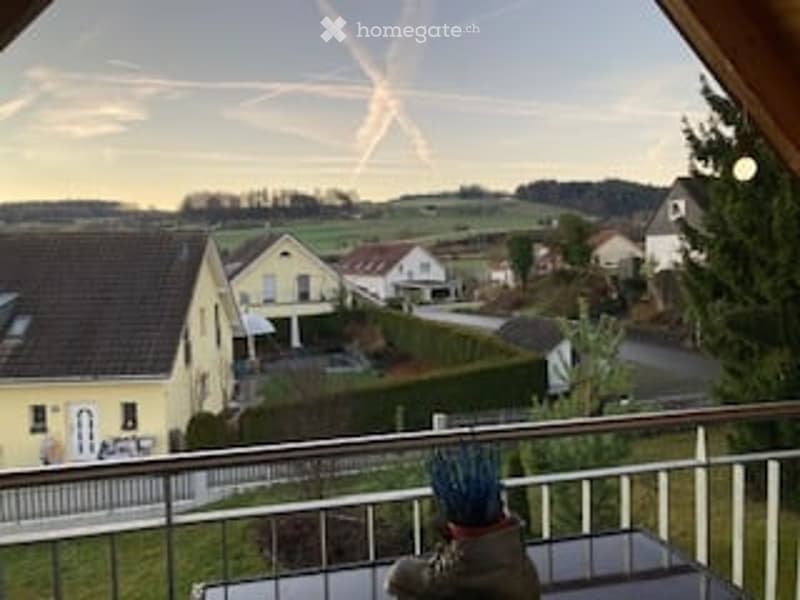 Balcony overlooking a residential area with houses, trees, and a clear sky.
