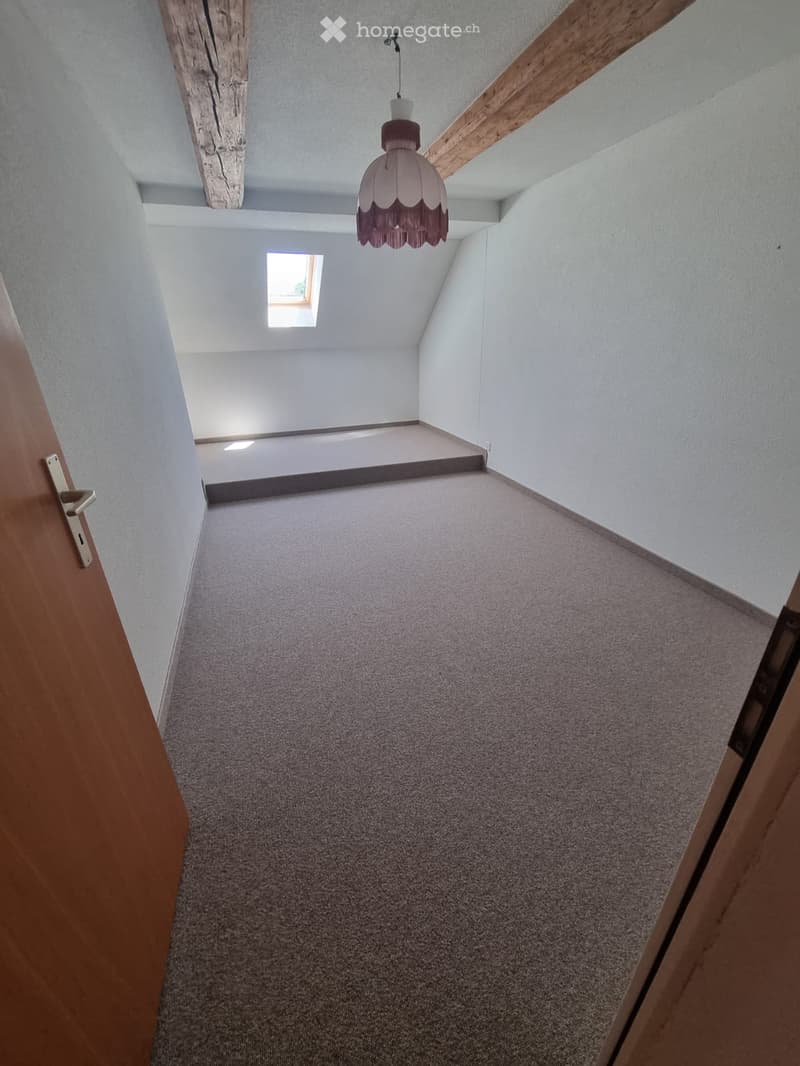 Empty hallway with carpeted floor, white walls, exposed wooden beams, and a small skylight at the far end.