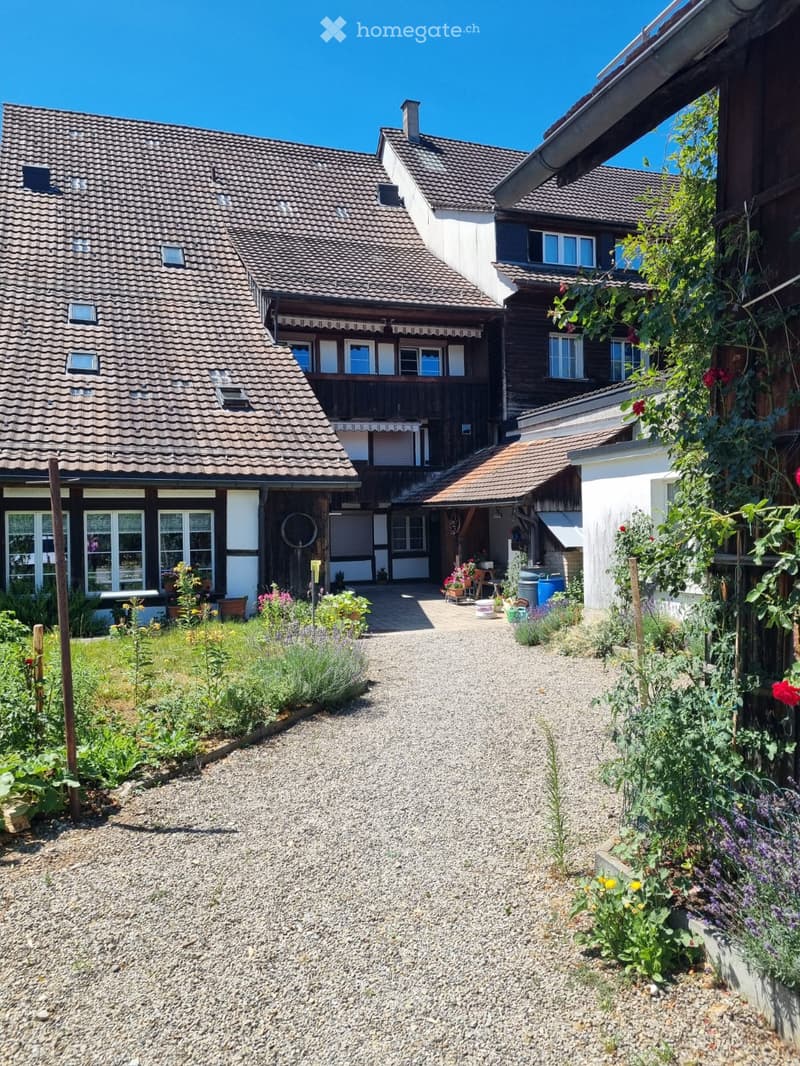 A gravel pathway leads to a traditional house with a tiled roof and wooden facade, surrounded by a well-maintained garden with various plants and flowers.