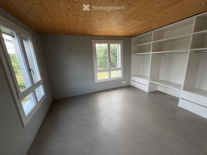 Empty room with grey walls, concrete floor, large windows, built-in white closet with shelves and drawers, and a wooden slatted ceiling.