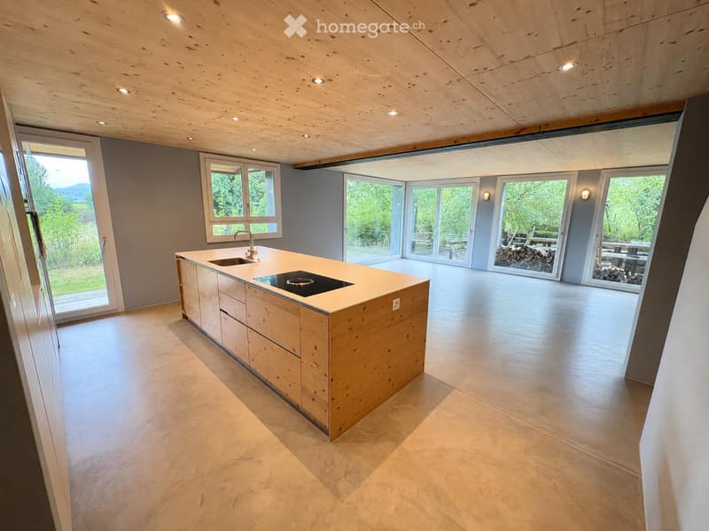 Modern kitchen with a wooden island, sink, faucet, and induction cooktop. Large windows and sliding glass doors lead to an outdoor area.