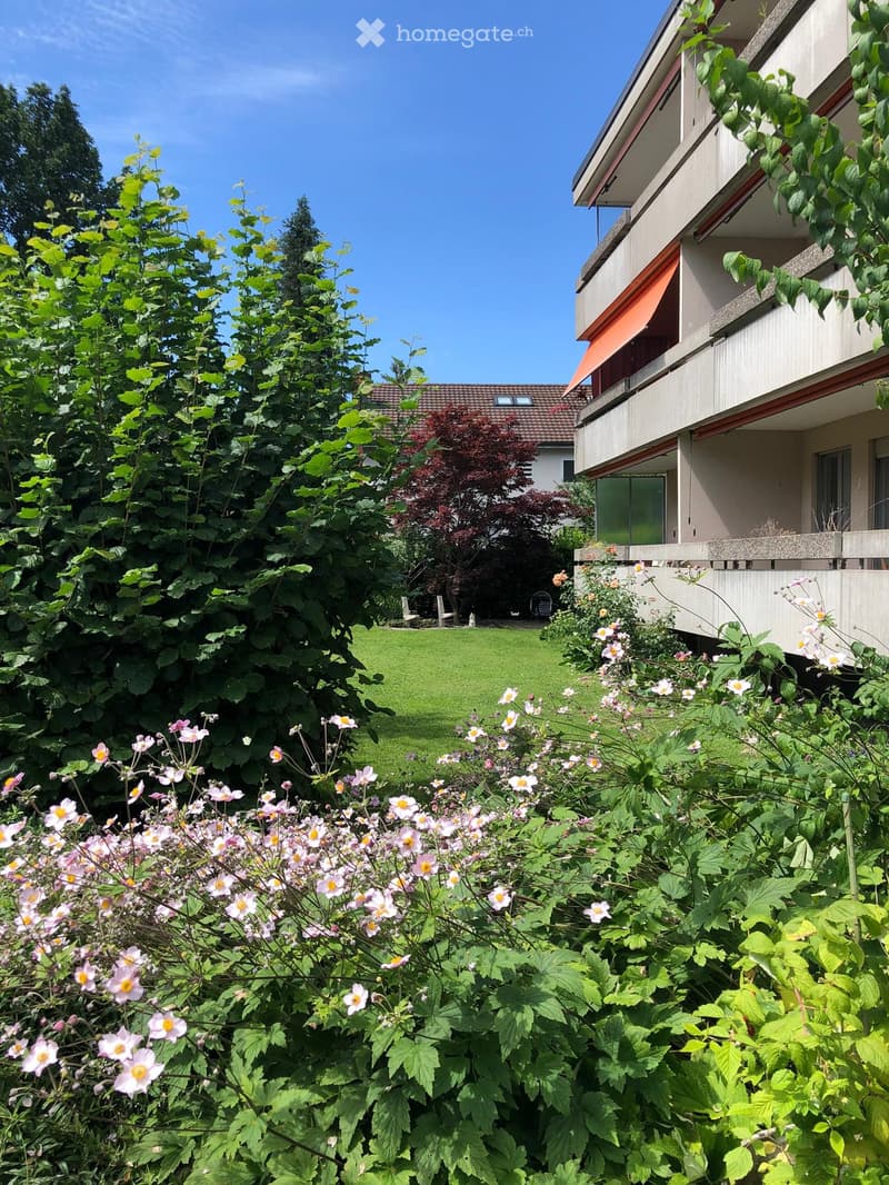 A well-maintained garden with a variety of flowering plants, a neatly trimmed lawn, and a modern building with balconies in the background.