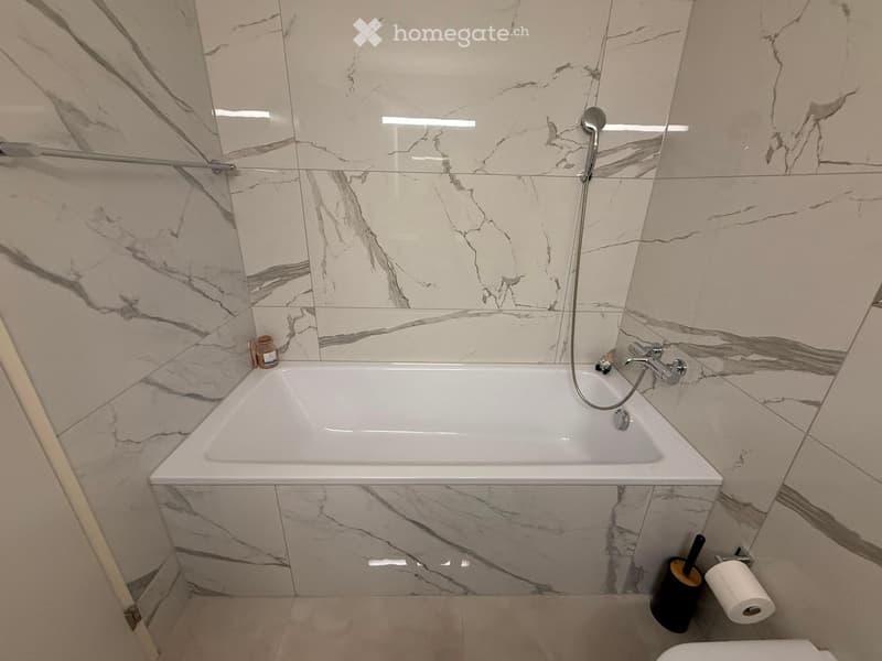 Modern bathroom with marble tiles, a bathtub, a showerhead, and a toilet paper holder.