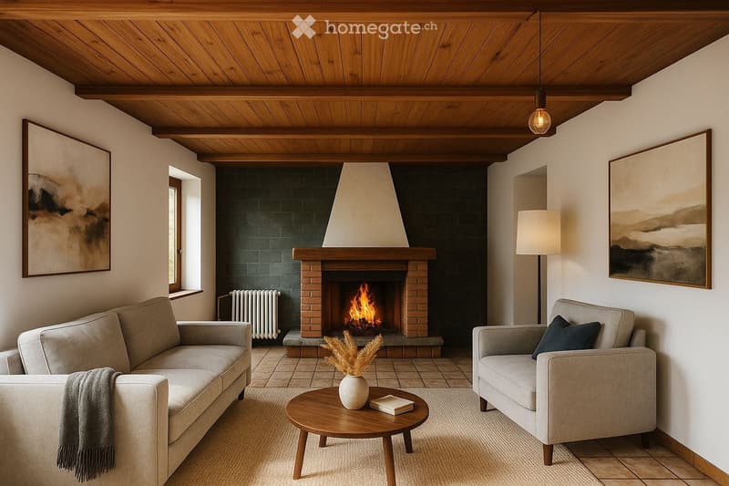 Modern living room with a brick fireplace, beige sofa, armchair, coffee table, floor lamp, and artwork on the walls.