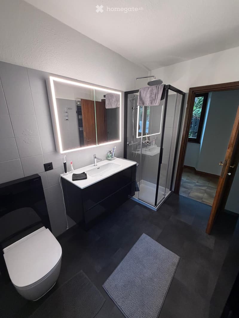 Modern bathroom with a large illuminated mirror, a black vanity cabinet, a toilet, a shower with glass enclosure, and two bath mats on the dark tiled floor.