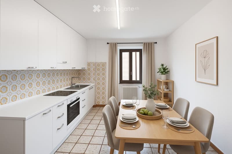 Modern kitchen and dining area with white cabinets, a central island, a dining table with chairs, and decorative items including a vase with apples and a potted plant.