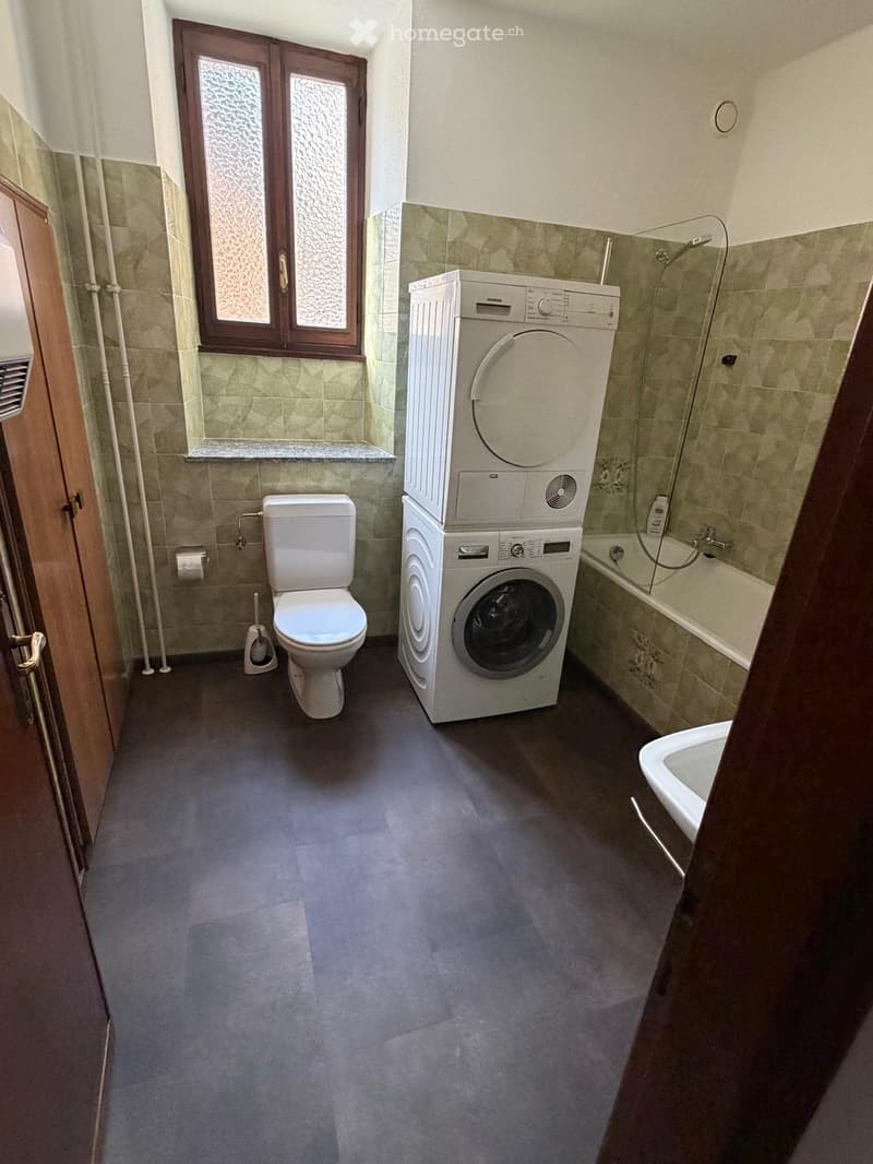 Bathroom with a toilet, washing machine, bathtub, and shower. Features a window with frosted glass and a door leading to another room.