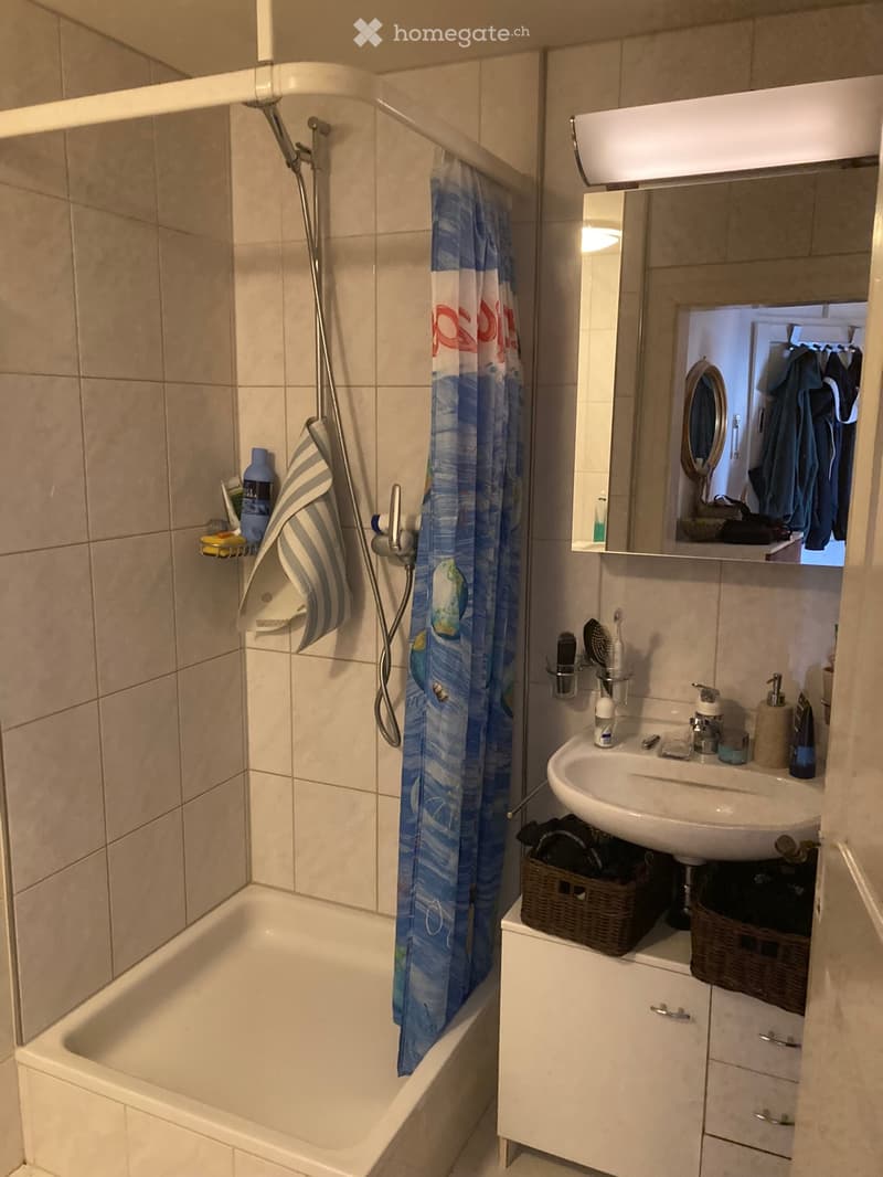 Bathroom with a bathtub, shower curtain, sink, mirror, and various toiletries. Includes a towel, shower rack, and wicker baskets under the sink.