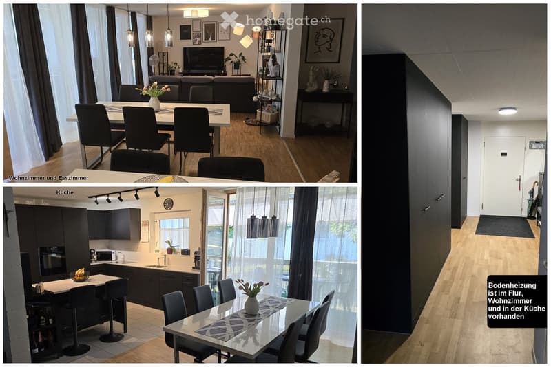 The image shows a modern, furnished living and dining area with a sofa, dining table, chairs, and a television. The kitchen features dark cabinets, a microwave, sink, and a refrigerator. The space is well-lit with pendant lights and has a clean, contempor