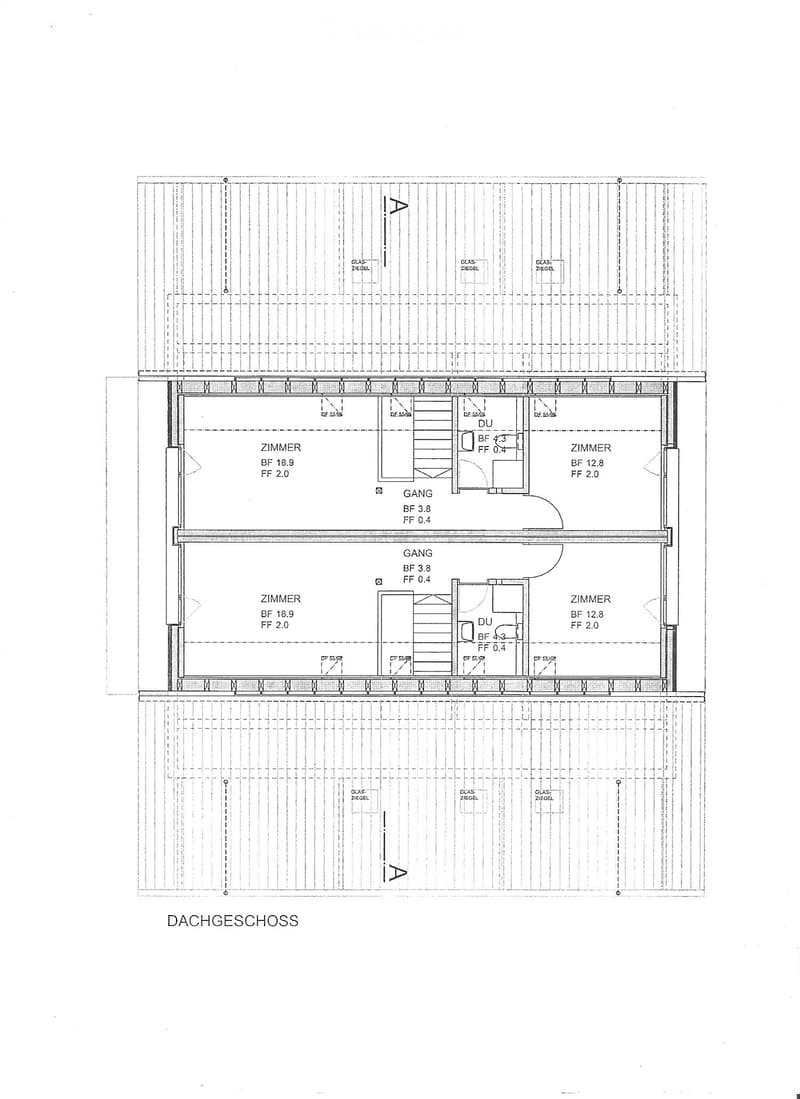 Floor plan of a roof level showing three rooms, two hallways, and a staircase. Dimensions and labels are provided for each space.