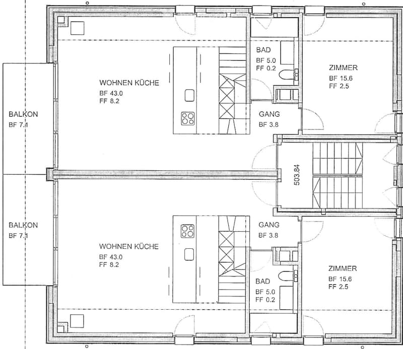 Floor plan showing two apartments with living kitchens, bathrooms, bedrooms, and balconies.
