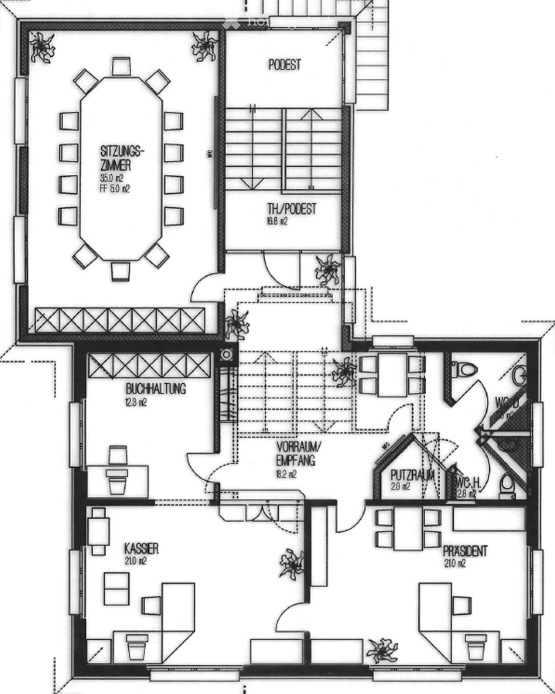 Floor plan of a commercial building with multiple rooms including a sitting room, office, reception area, cashier, president's office, and a WC.