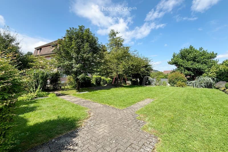 Well-maintained garden with a paved pathway, lush green grass, trees, and a house partially visible in the background.
