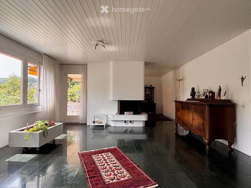 Modern living room with a fireplace, dark tiled floor, large windows, and a red patterned rug.