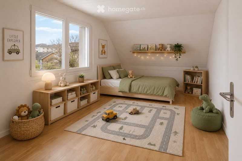 Cozy children's bedroom with a single bed, nightstand, bookshelf, and various toys including a basket of stuffed animals and a play rug with a road design.
